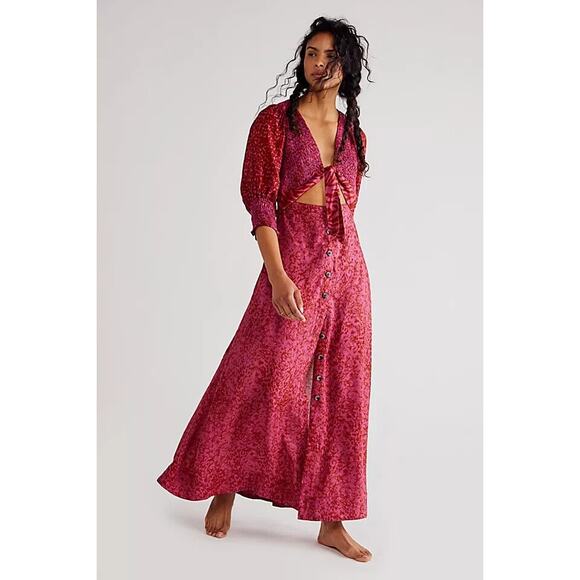 Free People Magenta Printed Cutout Button Maxi Dress Sz XL Boho Cottagecore - Picture 1 of 9